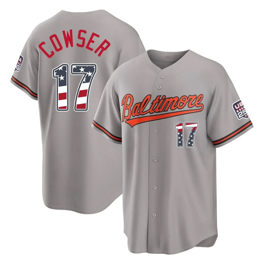 Rebec B.Orioles #17 Colton Cowser Player Gray USA 250 Fourth of July Home Game Stitched Jerseys