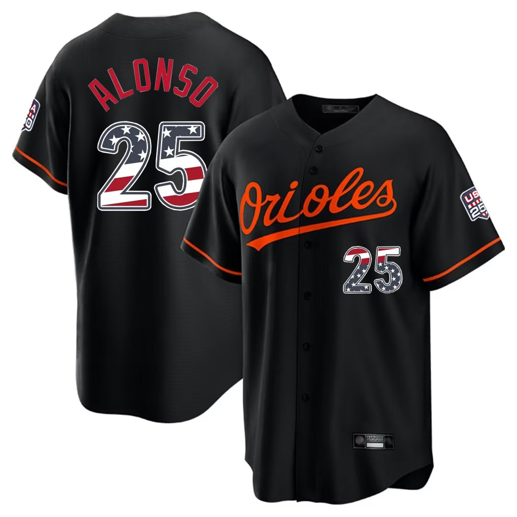 Rebec B.Orioles #25 Pete Alonso Player Black USA 250 Fourth of July Home Game Stitched Jerseys