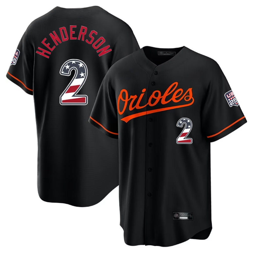 Rebec B.Orioles #2 Gunnar Henderson Player Black USA 250 Fourth of July Home Game Stitched Jerseys