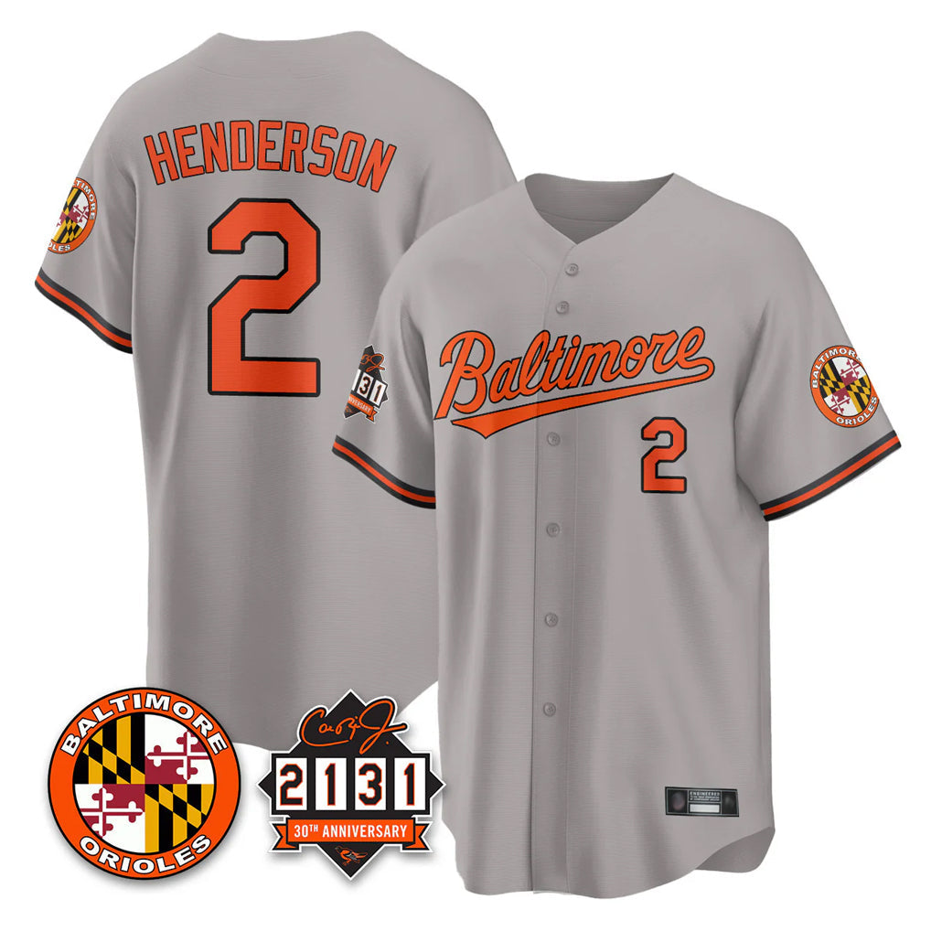 Rebec B.Orioles #2 Gunnar Henderson Player Gray 30th Anniversary of 2131 Home Game Stitched Jerseys