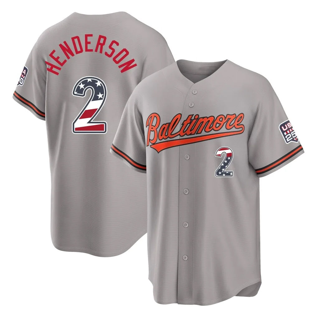 Rebec B.Orioles #2 Gunnar Henderson Player Gray USA 250 Fourth of July Home Game Stitched Jerseys