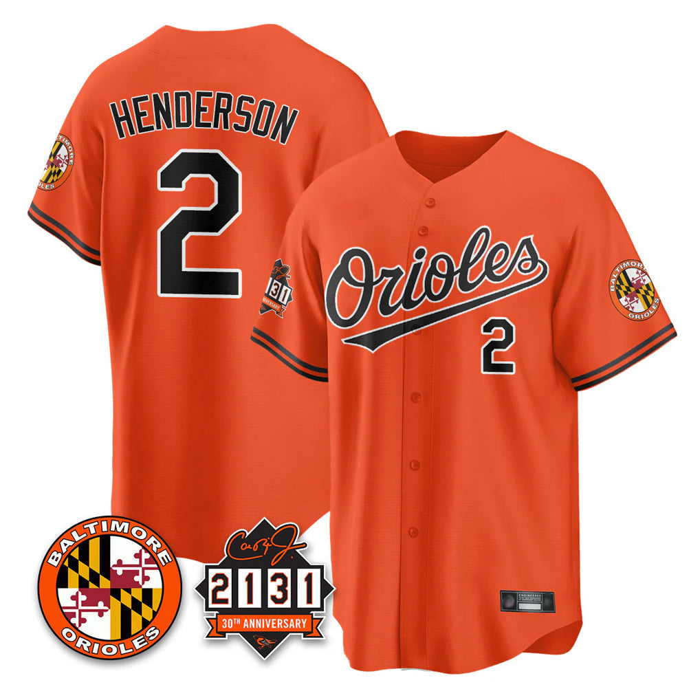 Rebec B.Orioles #2 Gunnar Henderson Player Orange 30th Anniversary of 2131 Home Game Stitched Jerseys