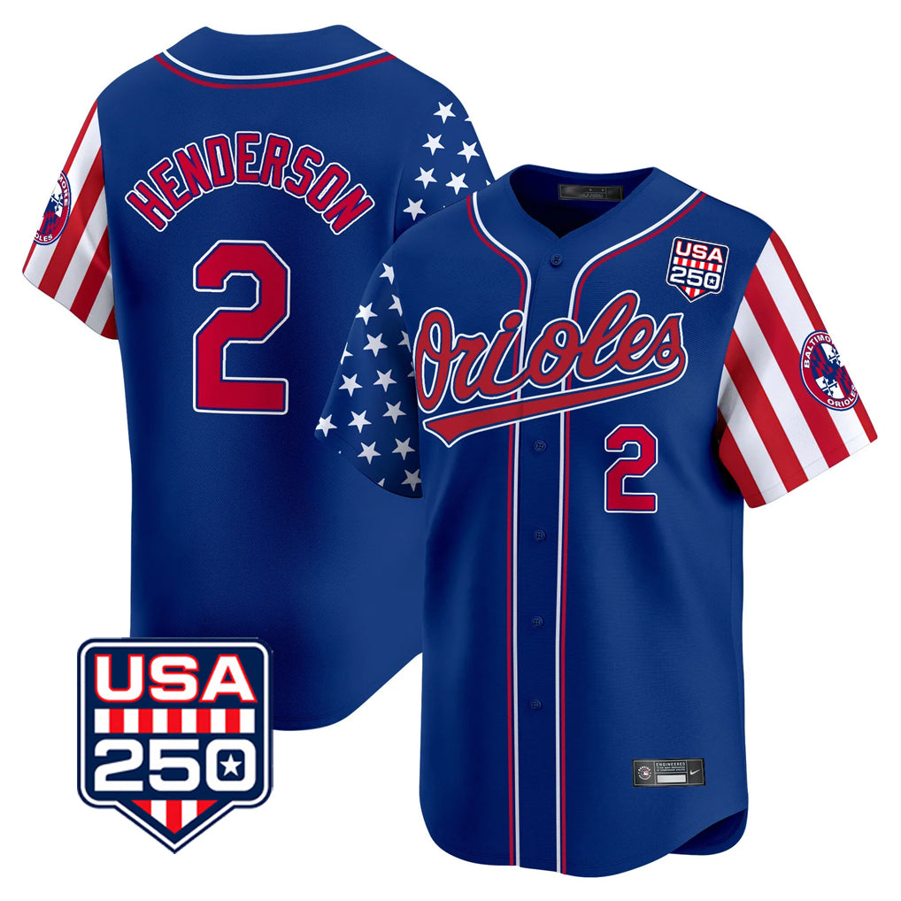 Rebec B.Orioles #2 Gunnar Henderson Player Royal USA 250 Independence Day Vapor Premier Limited Home Game Stitched Jerseys