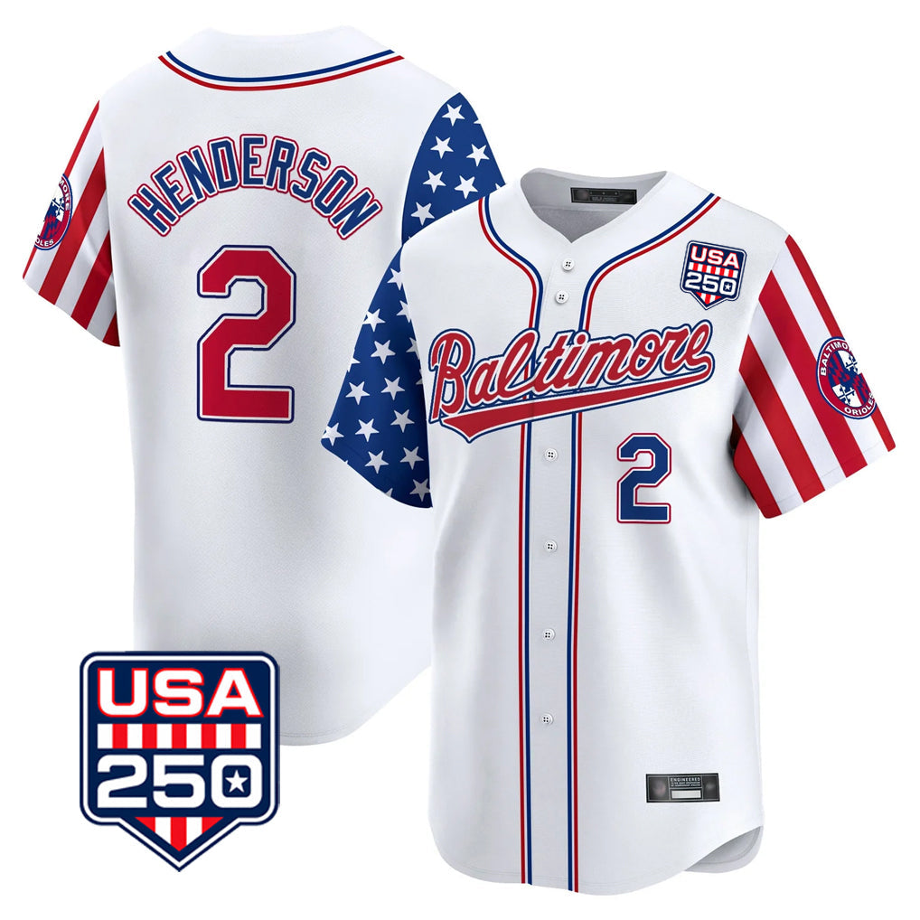 Rebec B.Orioles #2 Gunnar Henderson Player White USA 250 Independence Day Vapor Premier Limited Home Game Stitched Jerseys