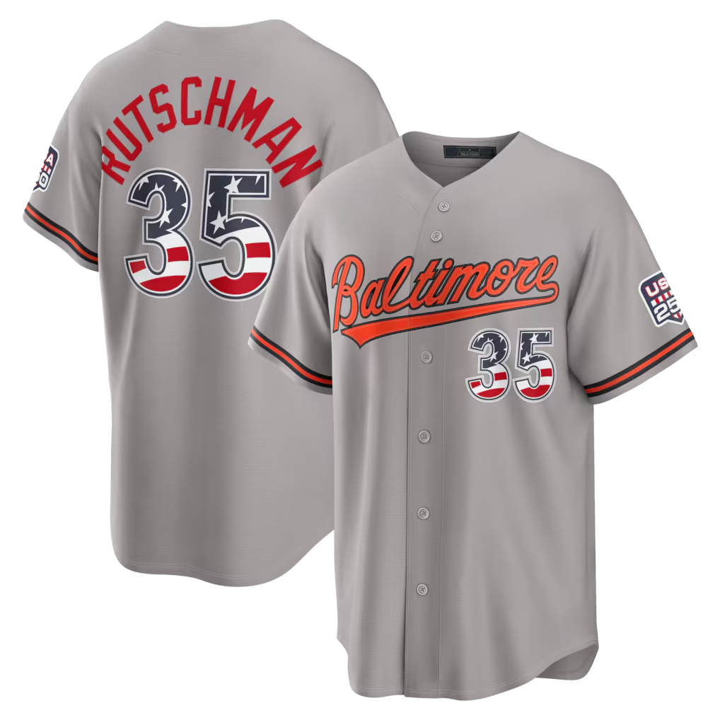Rebec B.Orioles #35 Adley Rutschman Gray USA 250 Fourth of July Road Stadium Jersey