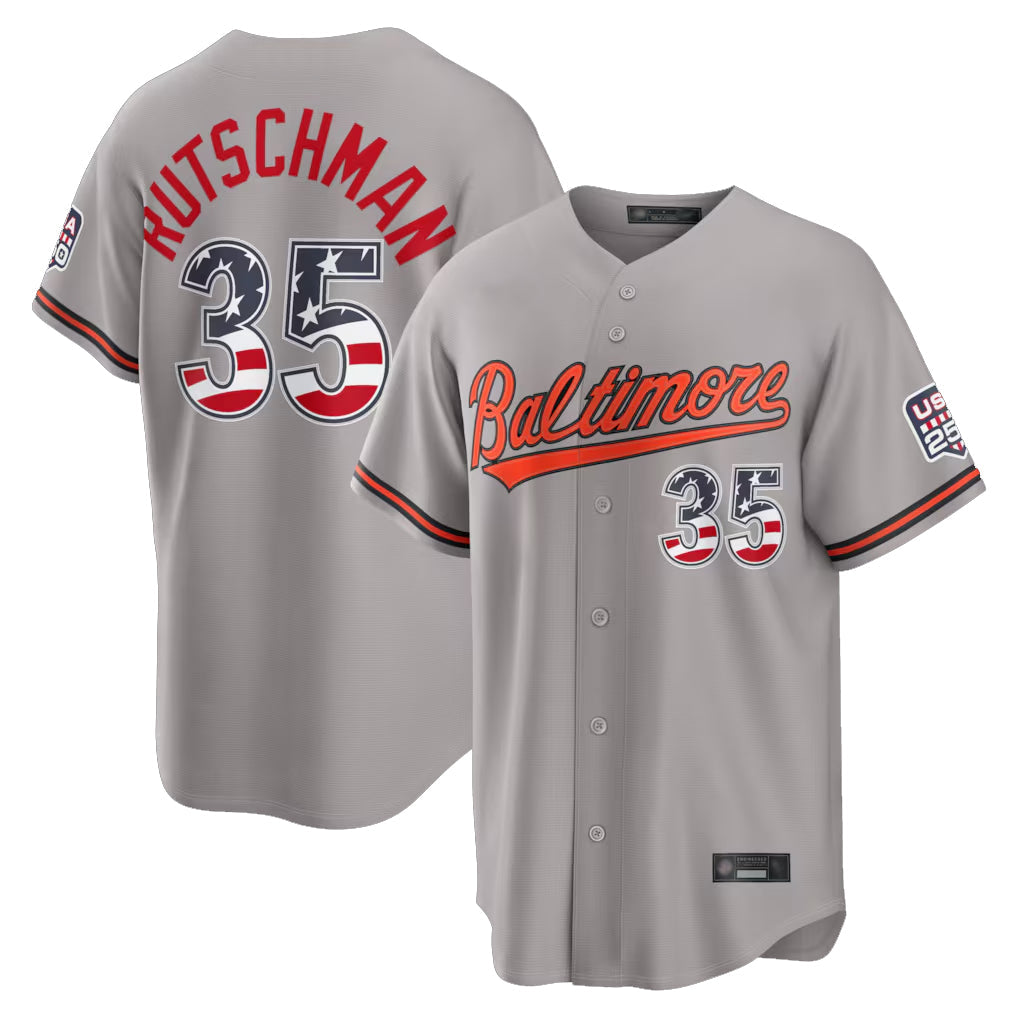 Rebec B.Orioles #35 Adley Rutschman Gray USA 250 Fourth of July Home Game Stitched Jerseys