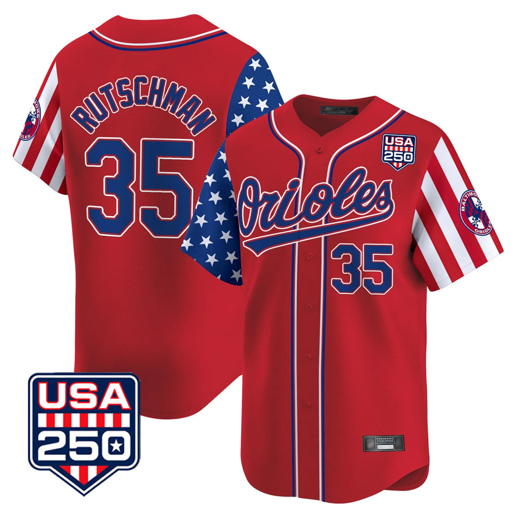 Rebec B.Orioles #35 Adley Rutschman Red USA 250 Independence Day Vapor Premier Limited Home Game Stitched Jerseys