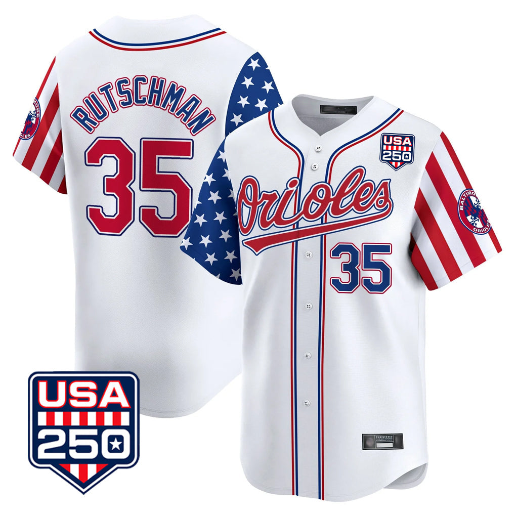Rebec B.Orioles #35 Adley Rutschman White USA 250 Independence Day Vapor Premier Home Game Stitched Jerseys