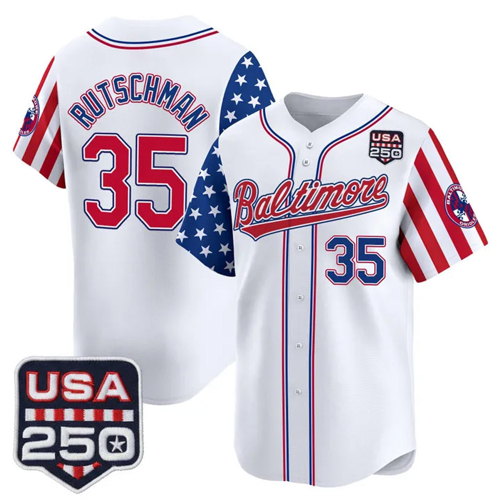 Rebec B.Orioles #35 Adley Rutschman White USA 250 Independence Day Vapor Premier Limited Home Game Stitched Jerseys