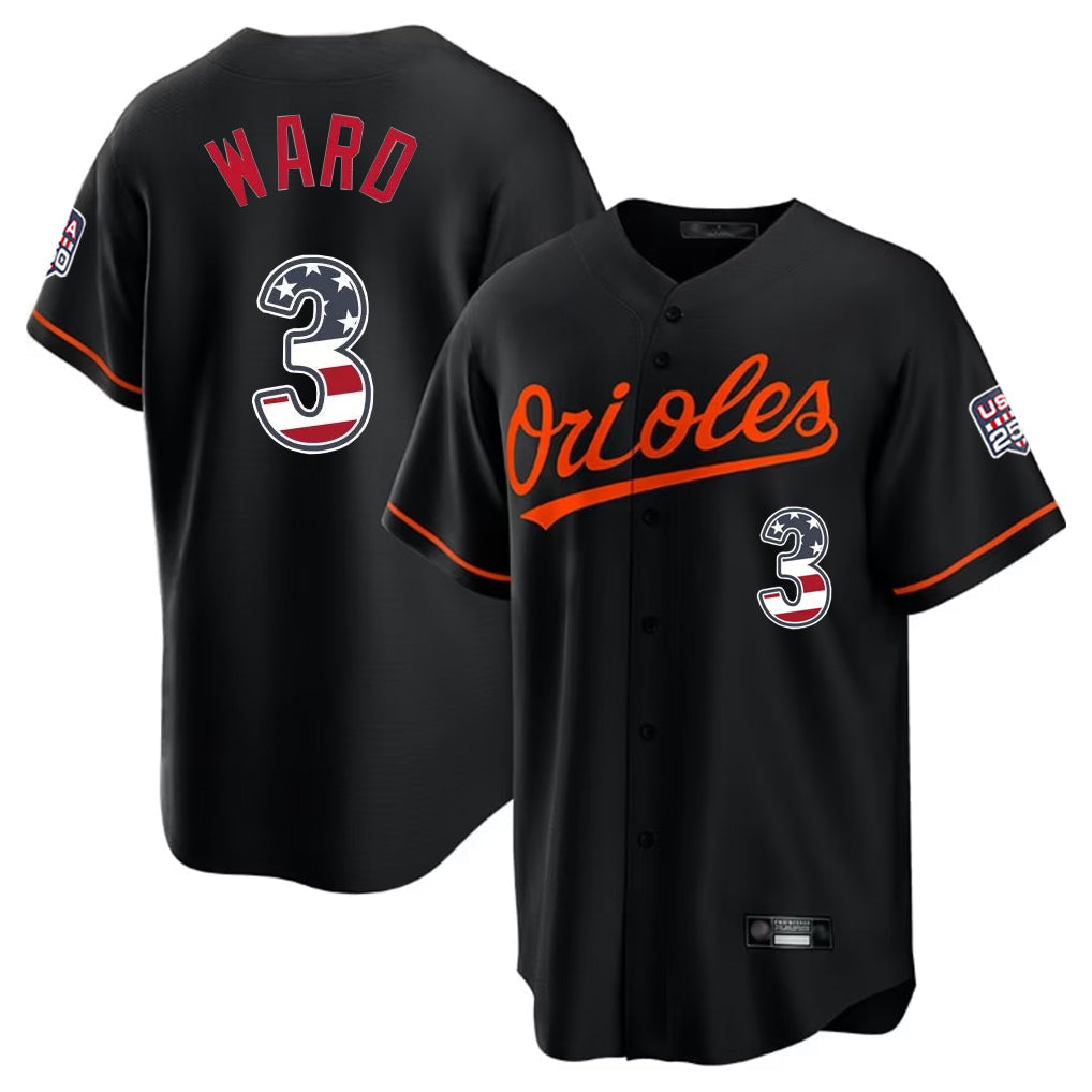Rebec B.Orioles #3 Taylor Ward Player Black USA 250 Fourth of July Home Game Stitched Jerseys