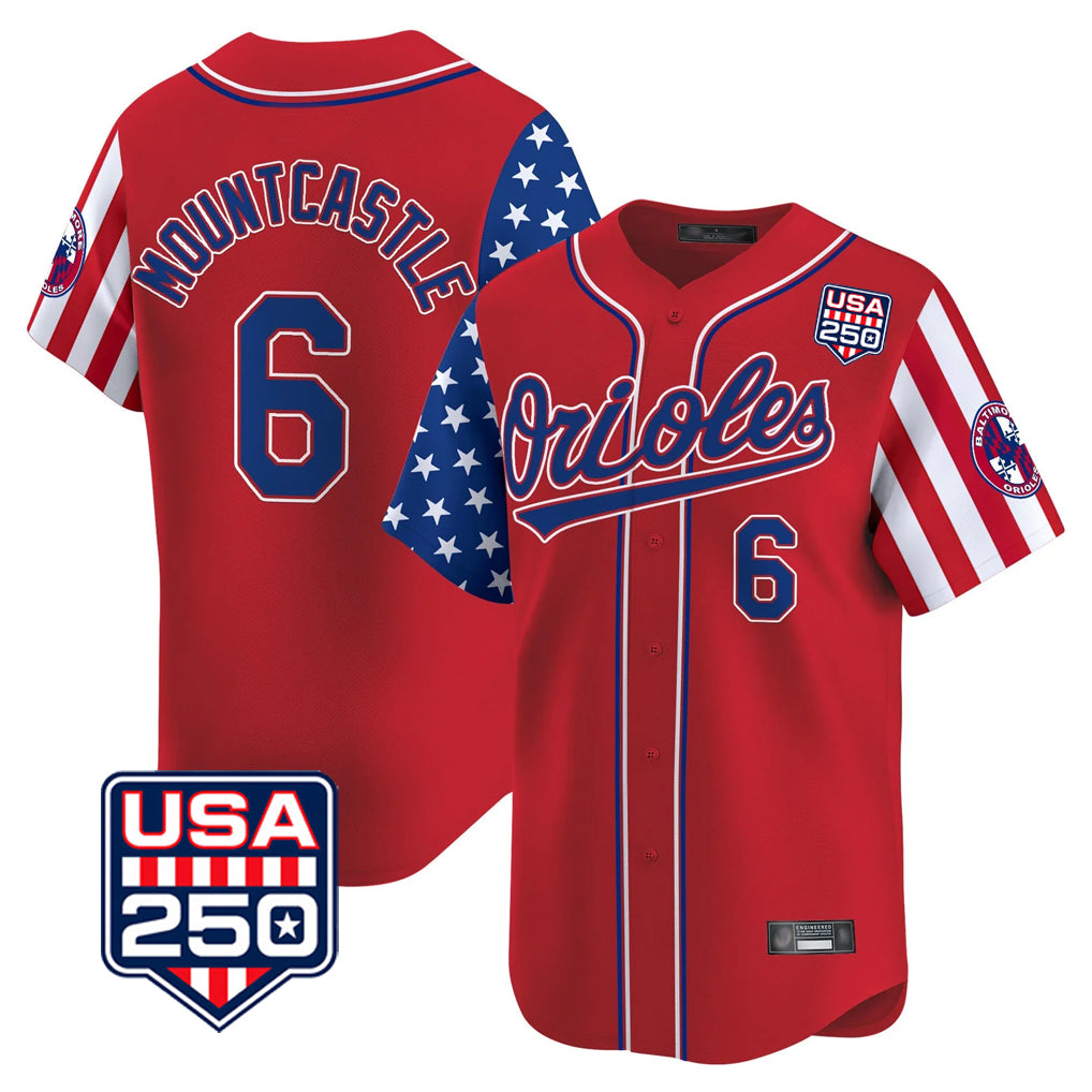 Rebec B.Orioles #6 Ryan Mountcastle Player Red USA 250 Independence Day Vapor Premier Limited Home Game Stitched Jerseys