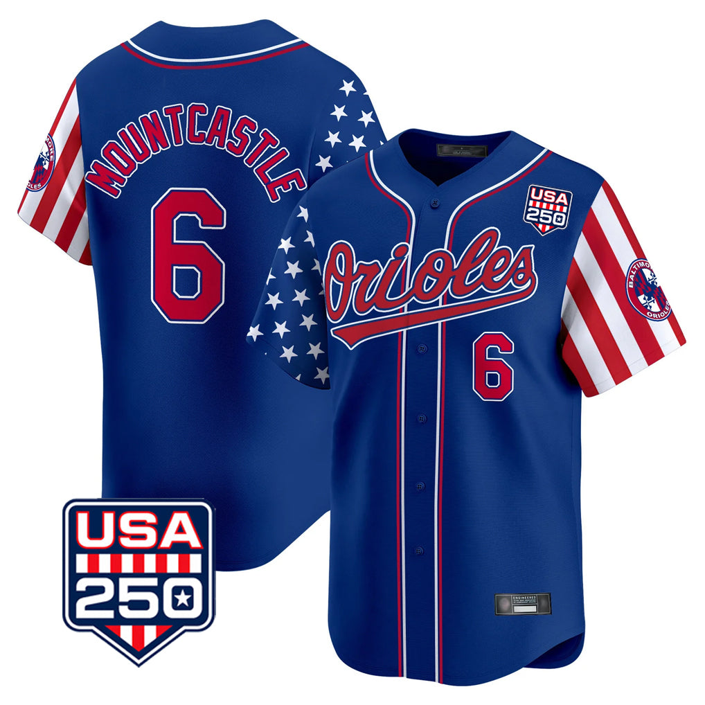 Rebec B.Orioles #6 Ryan Mountcastle Player Royal USA 250 Independence Day Vapor Premier Limited Home Game Stitched Jerseys