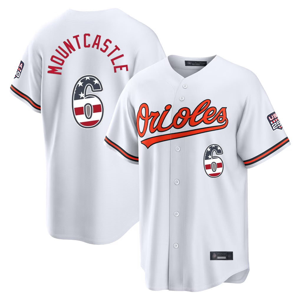 Rebec B.Orioles #6 Ryan Mountcastle Player White USA 250 Fourth of July Home Game Stitched Jerseys