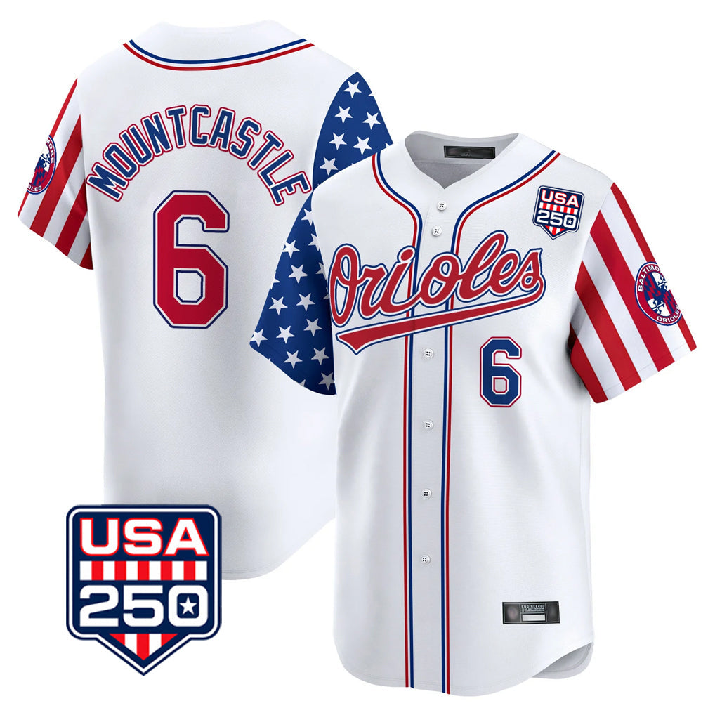 Rebec B.Orioles #6 Ryan Mountcastle Player White USA 250 Independence Day Vapor Premier Home Game Stitched Jerseys