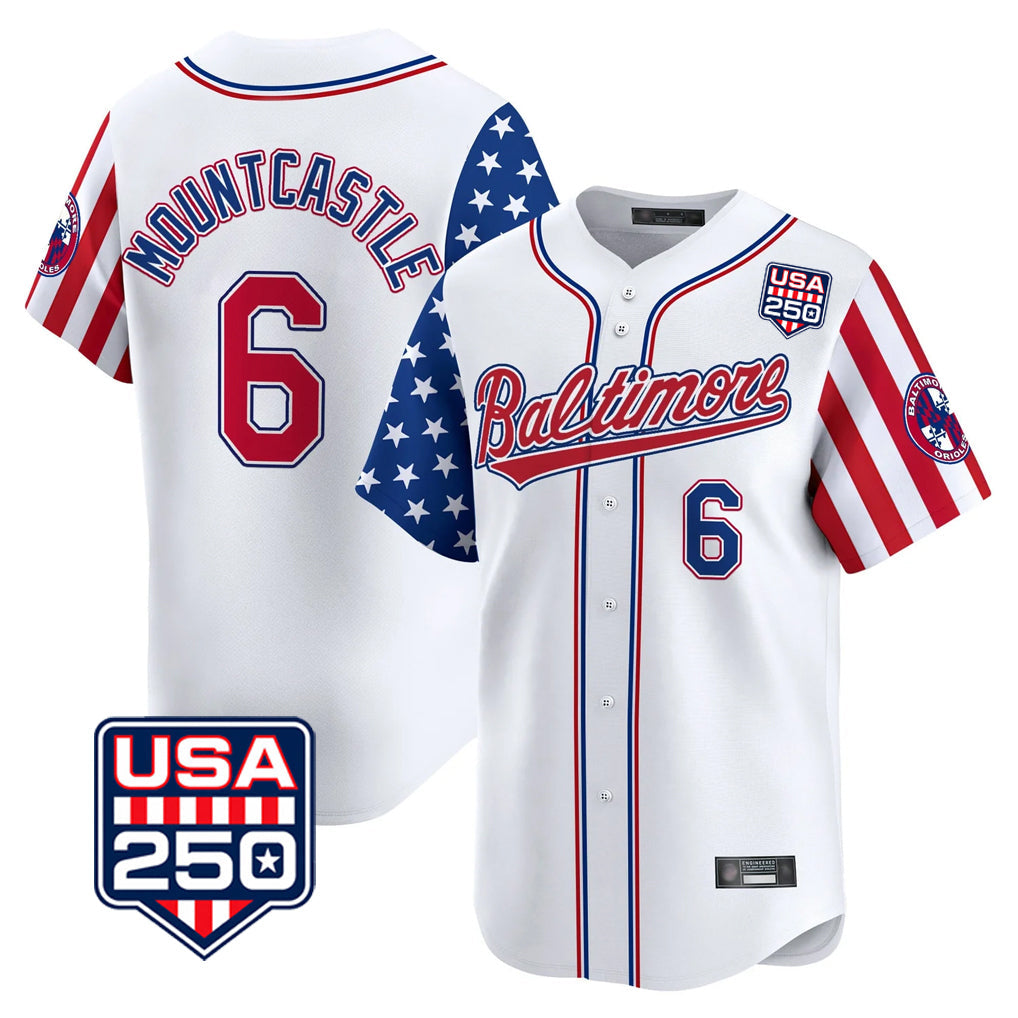 Rebec B.Orioles #6 Ryan Mountcastle Player White USA 250 Independence Day Vapor Premier Limited Home Game Stitched Jerseys