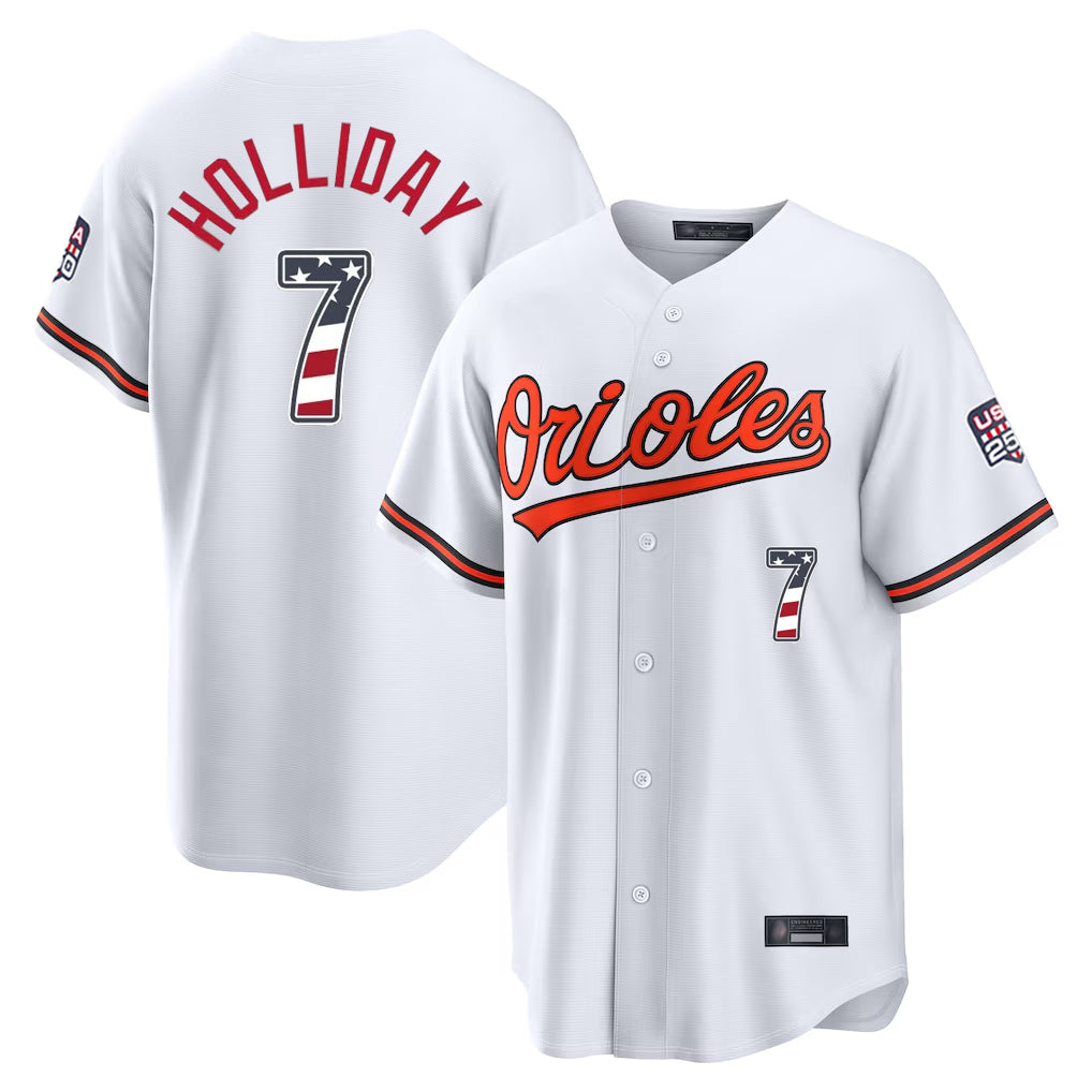 Rebec B.Orioles #7 Jackson Holliday Player White USA 250 Fourth of July Home Game Stitched Jerseys