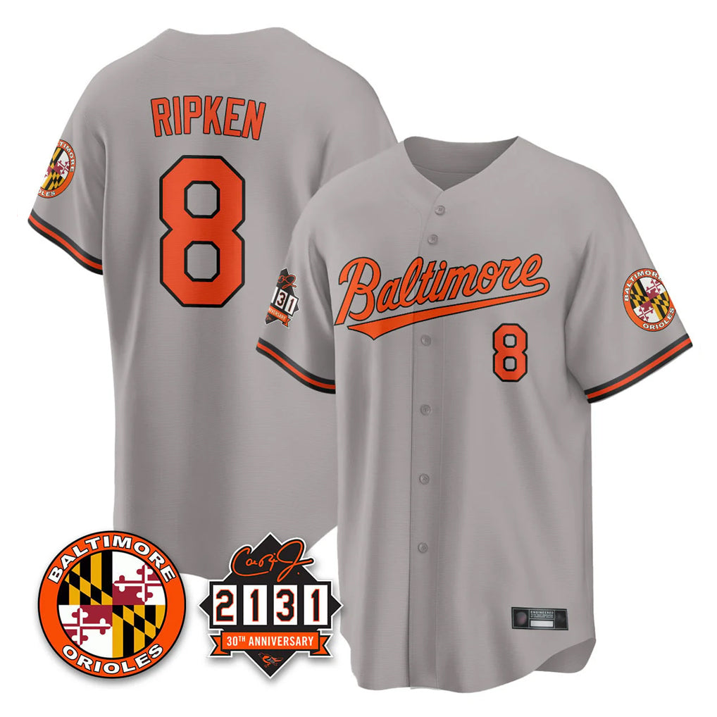 Rebec B.Orioles #8 Cal Ripken Player Gray 30th Anniversary of 2131 Home Game Stitched Jerseys