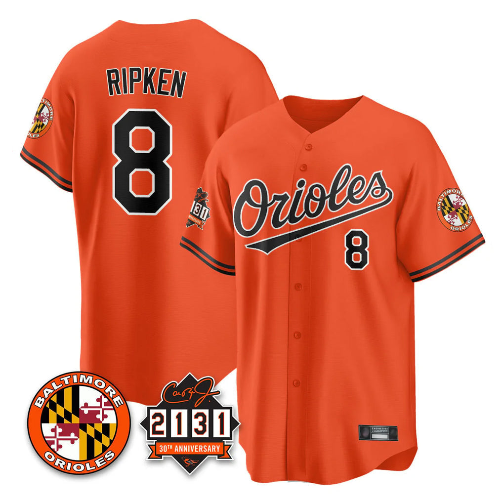 Rebec B.Orioles #8 Cal Ripken Player Orange 30th Anniversary of 2131 Home Game Stitched Jerseys