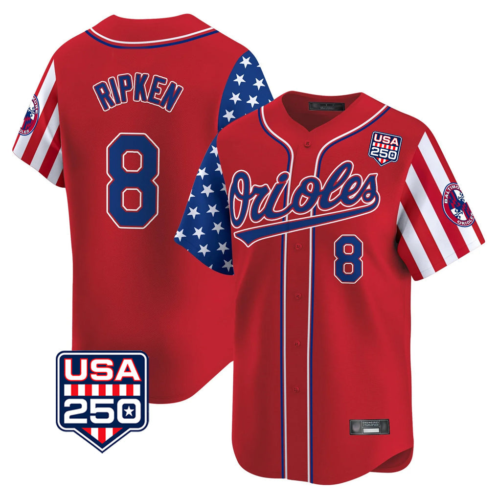 Rebec B.Orioles #8 Cal Ripken Player Red USA 250 Independence Day Vapor Premier Limited Home Game Stitched Jerseys