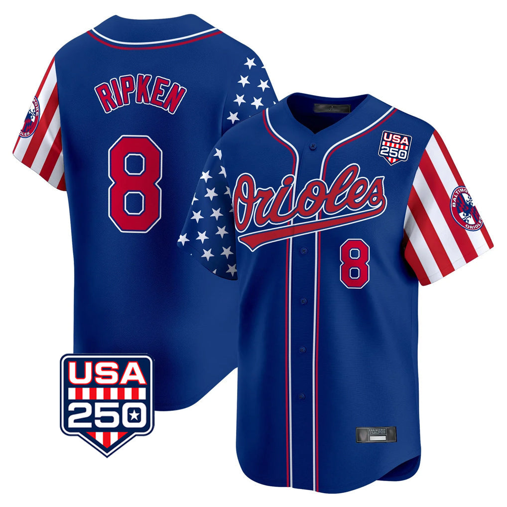 Rebec B.Orioles #8 Cal Ripken Player Royal USA 250 Independence Day Vapor Premier Limited Home Game Stitched Jerseys
