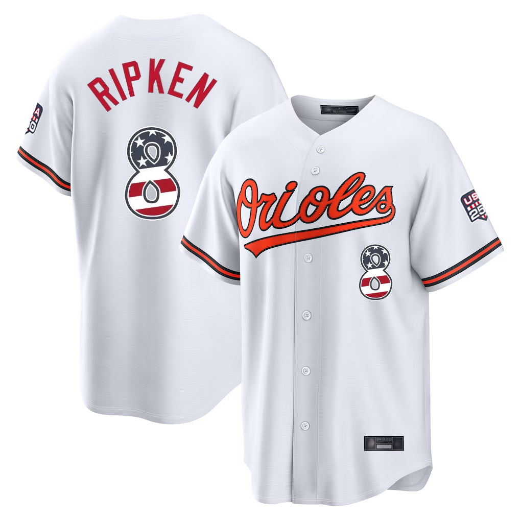 Rebec B.Orioles #8 Cal Ripken Player White USA 250 Fourth of July Home Game Stitched Jerseys
