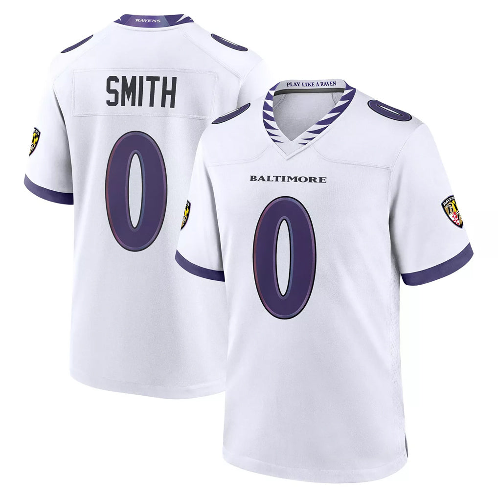 Rebec B.Ravens #0 Roquan Smith Player White Purple Home Game Stitched Jerseys