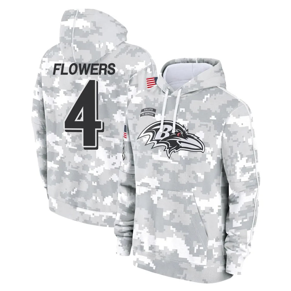 Rebec B.Ravens #4 Zay Flowers Player Arctic Camo Salute to Service Pullover Hoodie Stitched Jerseys