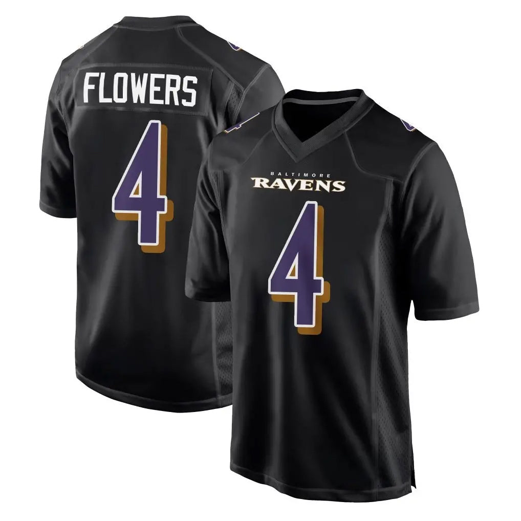 Rebec B.Ravens #4 Zay Flowers Player Black Carbon Fashion Home Game Stitched Jerseys