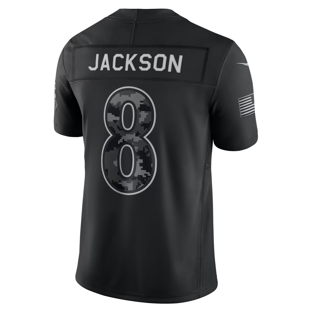 Rebec  B.Ravens #8 Lamar Jackson Black 2026 Salute to Service Stitched Limited Jersey