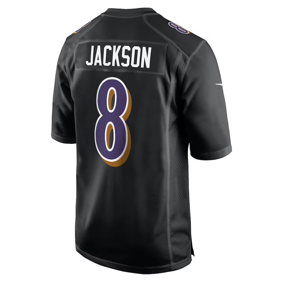 Rebec B.Ravens #8 Lamar Jackson Player Black Carbon Fashion Home Game Stitched Jerseys