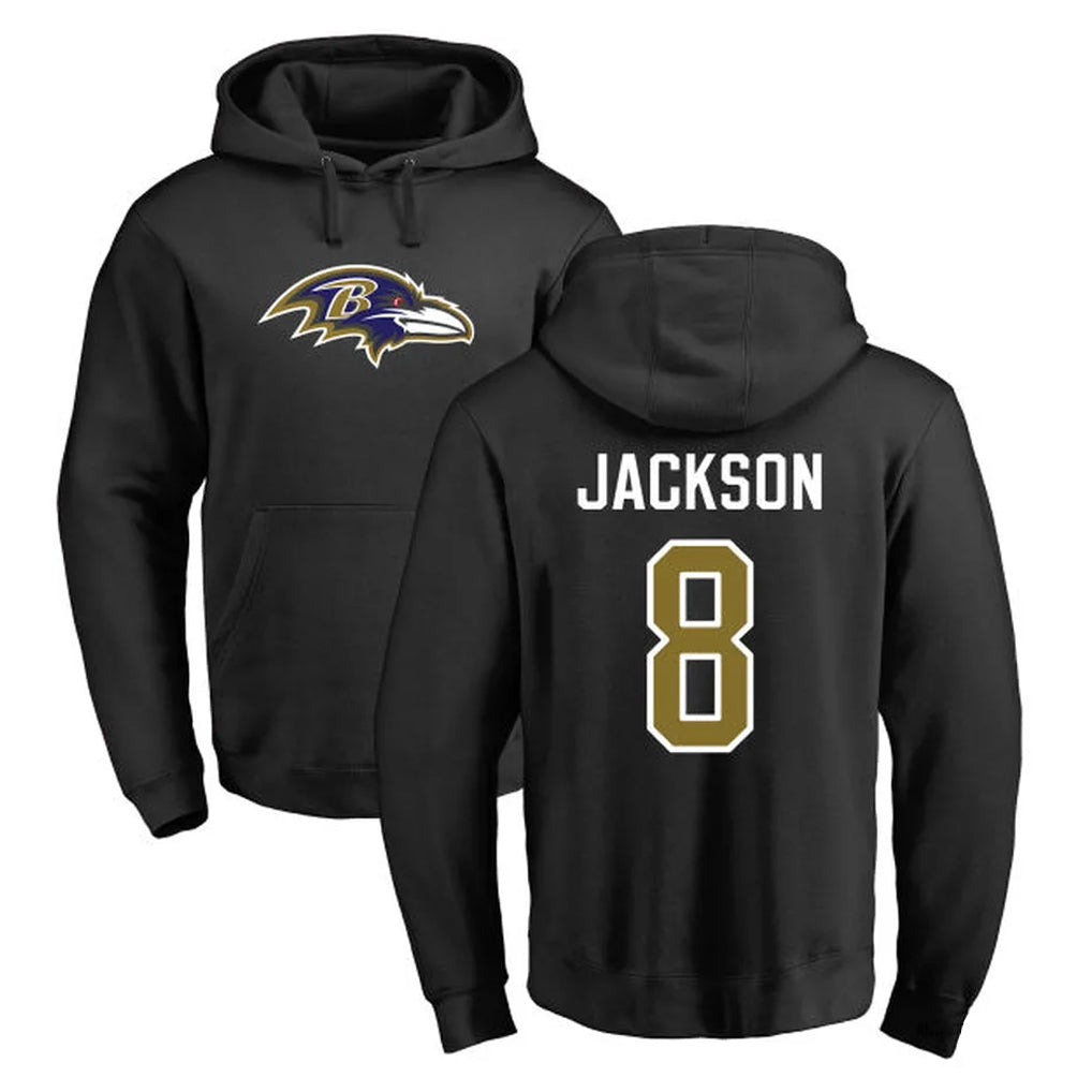 Rebec B.Ravens #8 Lamar Jackson Player Black Pullover Hoodie Stitched Jerseys