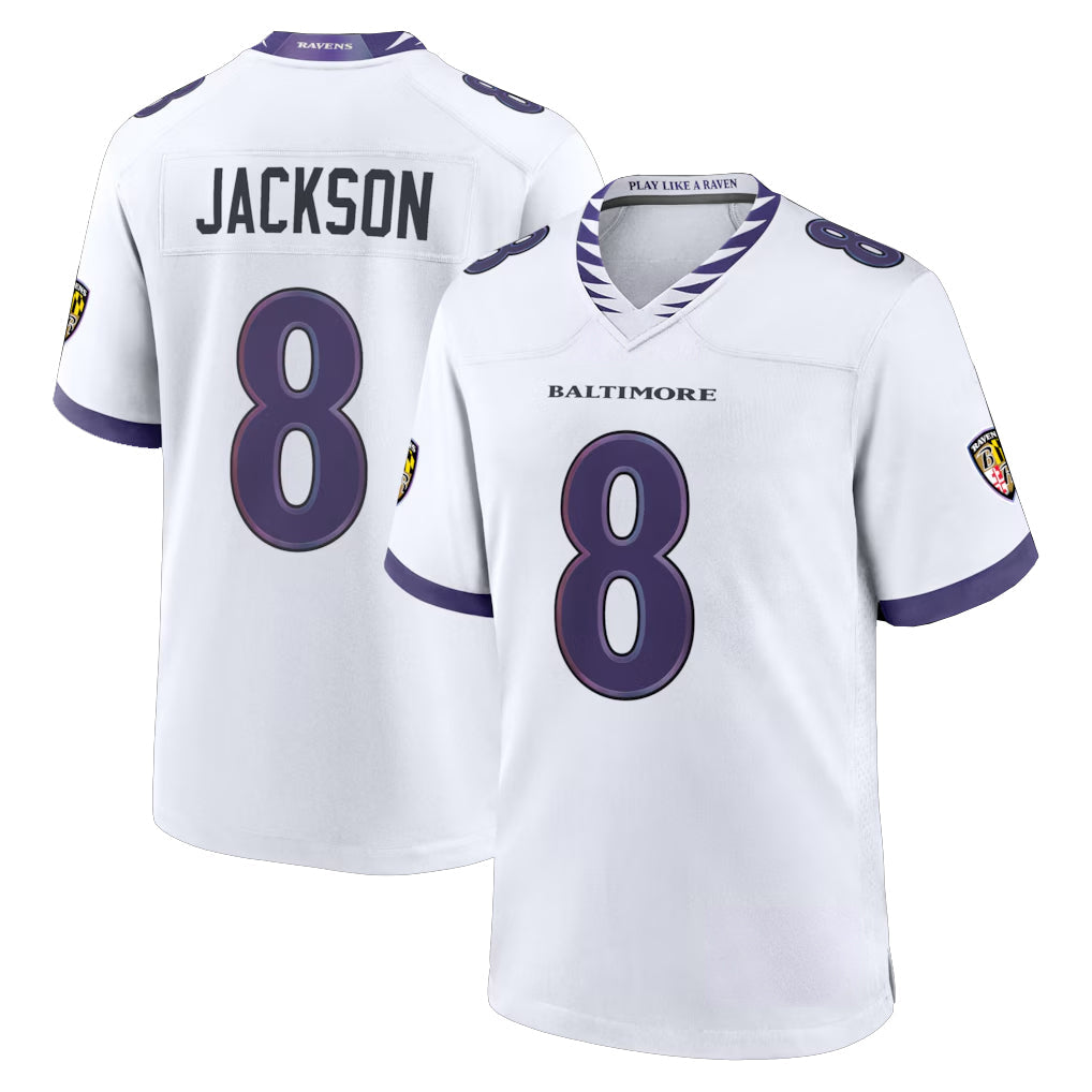 Rebec B.Ravens #8 Lamar Jackson Player White Home Game Stitched Jerseys