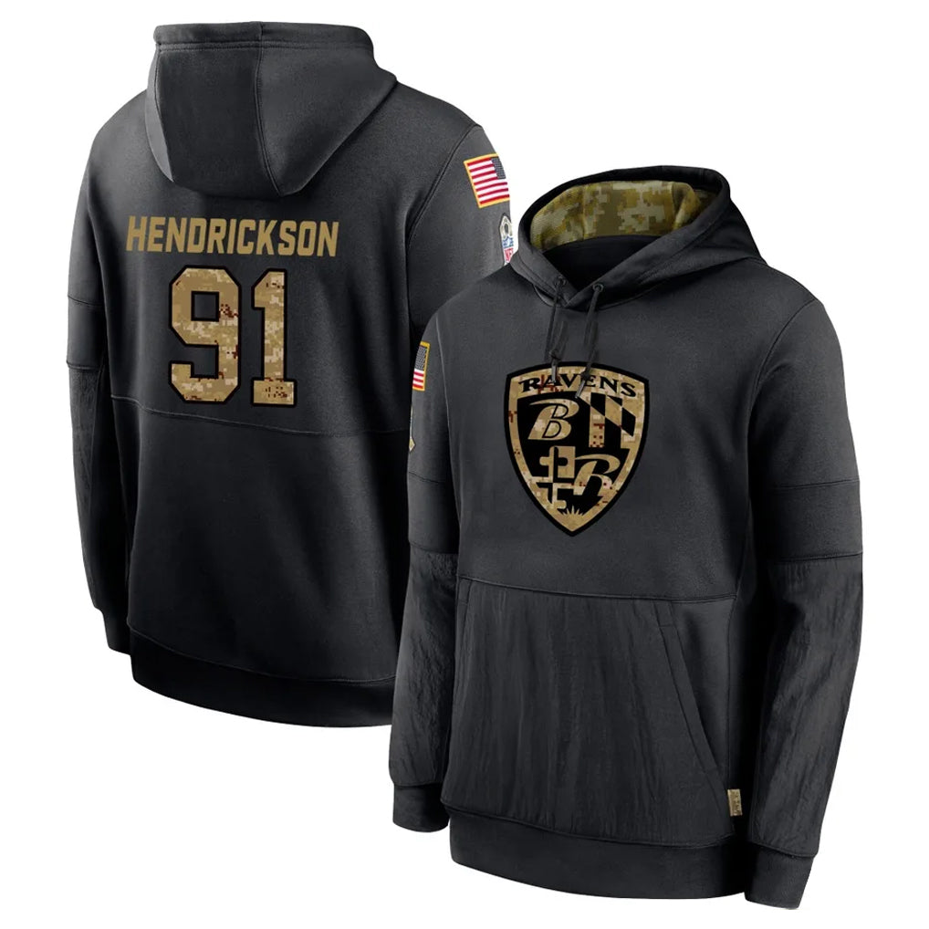 Rebec B.Ravens #91 Trey Hendrickson Player Black Salute to Service Pullover Hoodie Stitched Jerseys