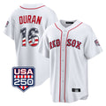 Rebec B.Red Sox #16 Jarren Duran Player White USA 250 Fourth of July Home Game Stitched Jerseys