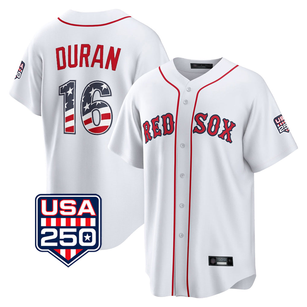 Rebec B.Red Sox #16 Jarren Duran Player White USA 250 Fourth of July Home Game Stitched Jerseys