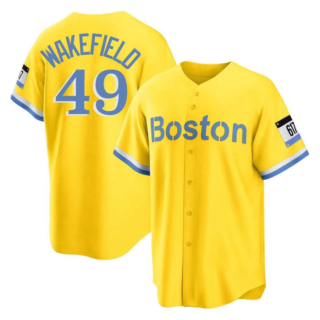 Rebec B.Red Sox #49 Tim Wakefield Player Yellow Home Game Stitched Jerseys