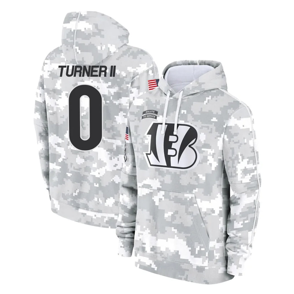 Rebec C.Bengals #0 DJ Turner II Player Arctic Camo Salute to Service Pullover Hoodie Limited Stitched Jerseys