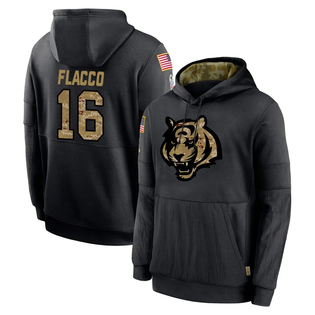 Rebec C.Bengals #16 Joe Flacco Player Black Salute to Service Pullover Hoodies Limited Stitched Jerseys