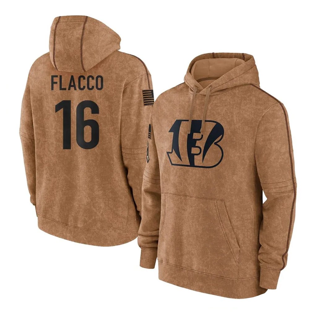Rebec C.Bengals #16 Joe Flacco Player Brown Salute to Service Pullover Hoodie Limited Stitched Jerseys