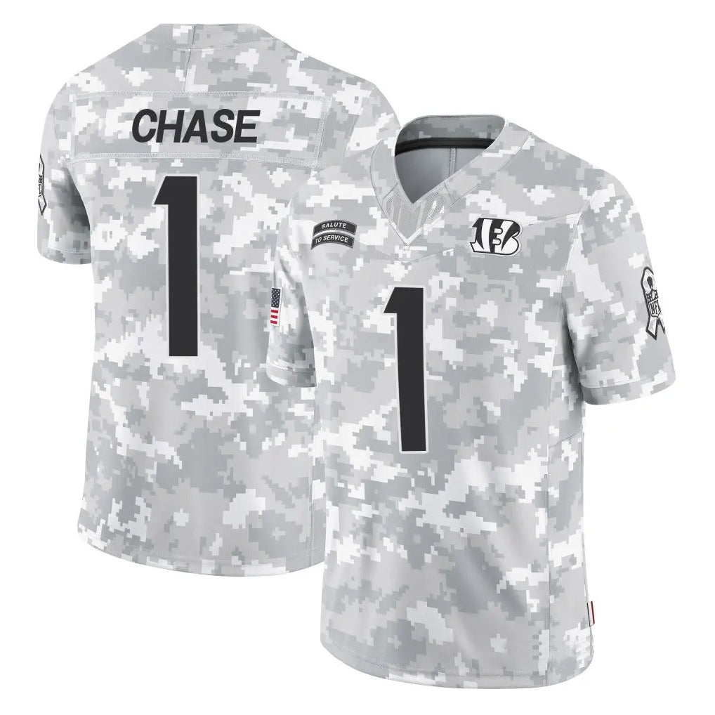 Rebec C.Bengals #1 Ja'Marr Chase Player Arctic Camo Salute to Service Limited Stitched Jerseys
