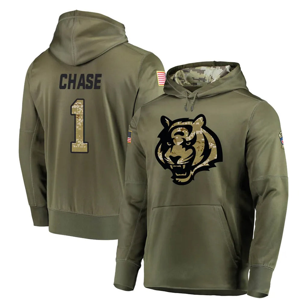 Rebec C.Bengals #1 Ja'Marr Chase Player Olive Salute to Service Pullover Hoodies Home Game Stitched Jerseys