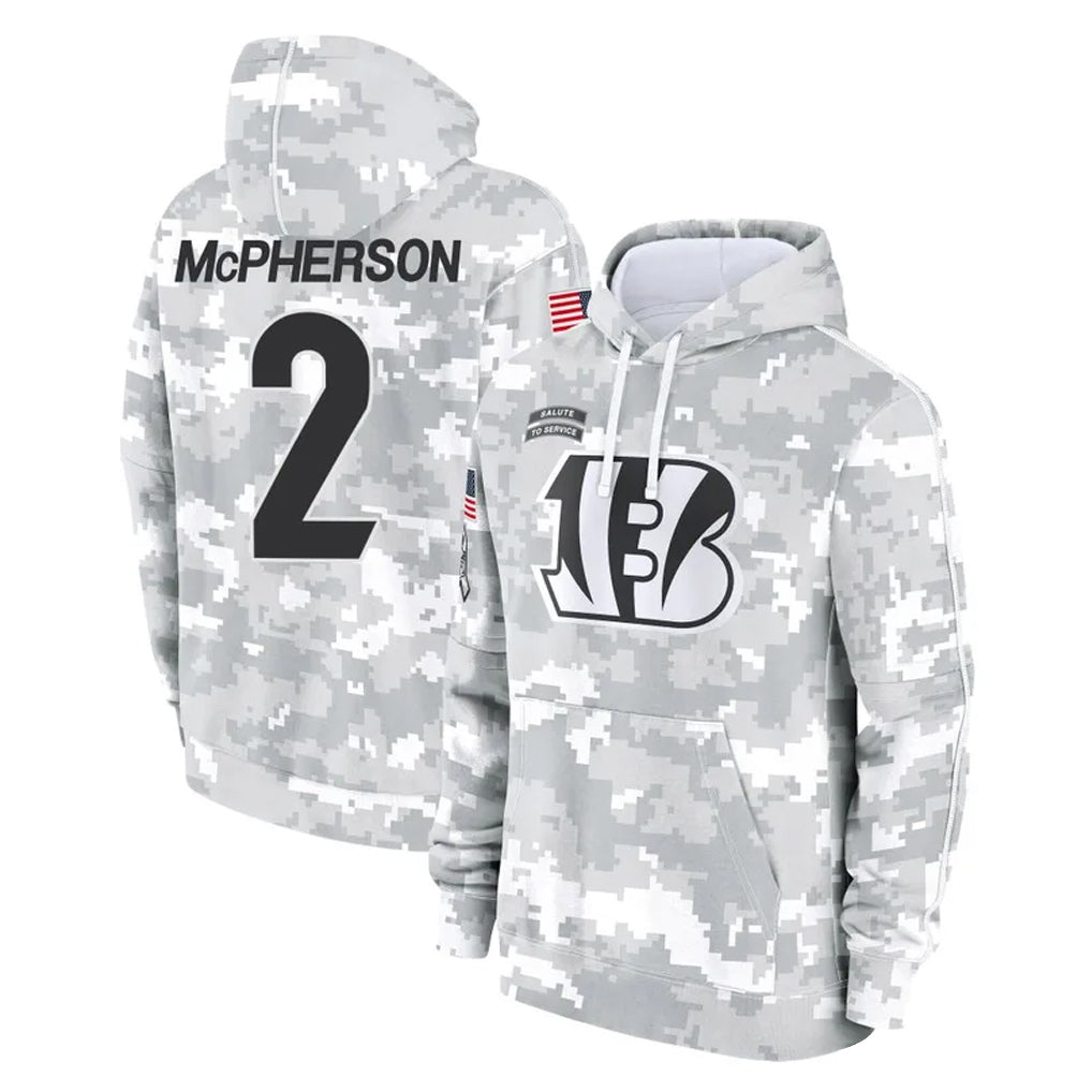 Rebec C.Bengals #2 Evan McPherson Player Arctic Camo Salute to Service Pullover Hoodie Limited Stitched Jerseys