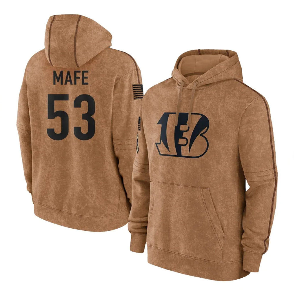 Rebec C.Bengals #53 Boye Mafe Player Brown Salute to Service Pullover Hoodie Limited Stitched Jerseys