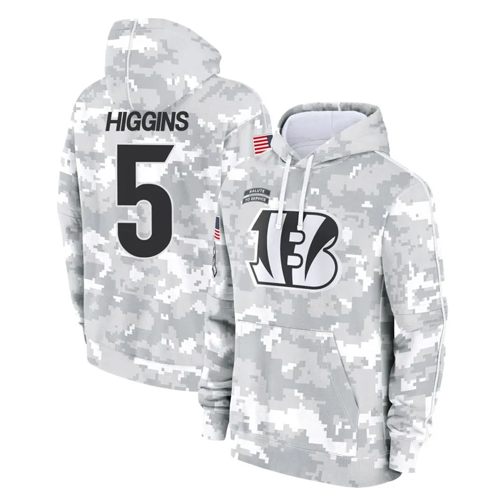 Rebec C.Bengals #5 Tee Higgins Player Arctic Camo Salute to Service Pullover Hoodie Limited Stitched Jerseys