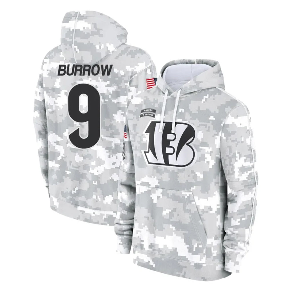 Rebec C.Bengals #9 Joe Burrow Player Arctic Camo Salute to Service Pullover Hoodie Limited Stitched Jerseys