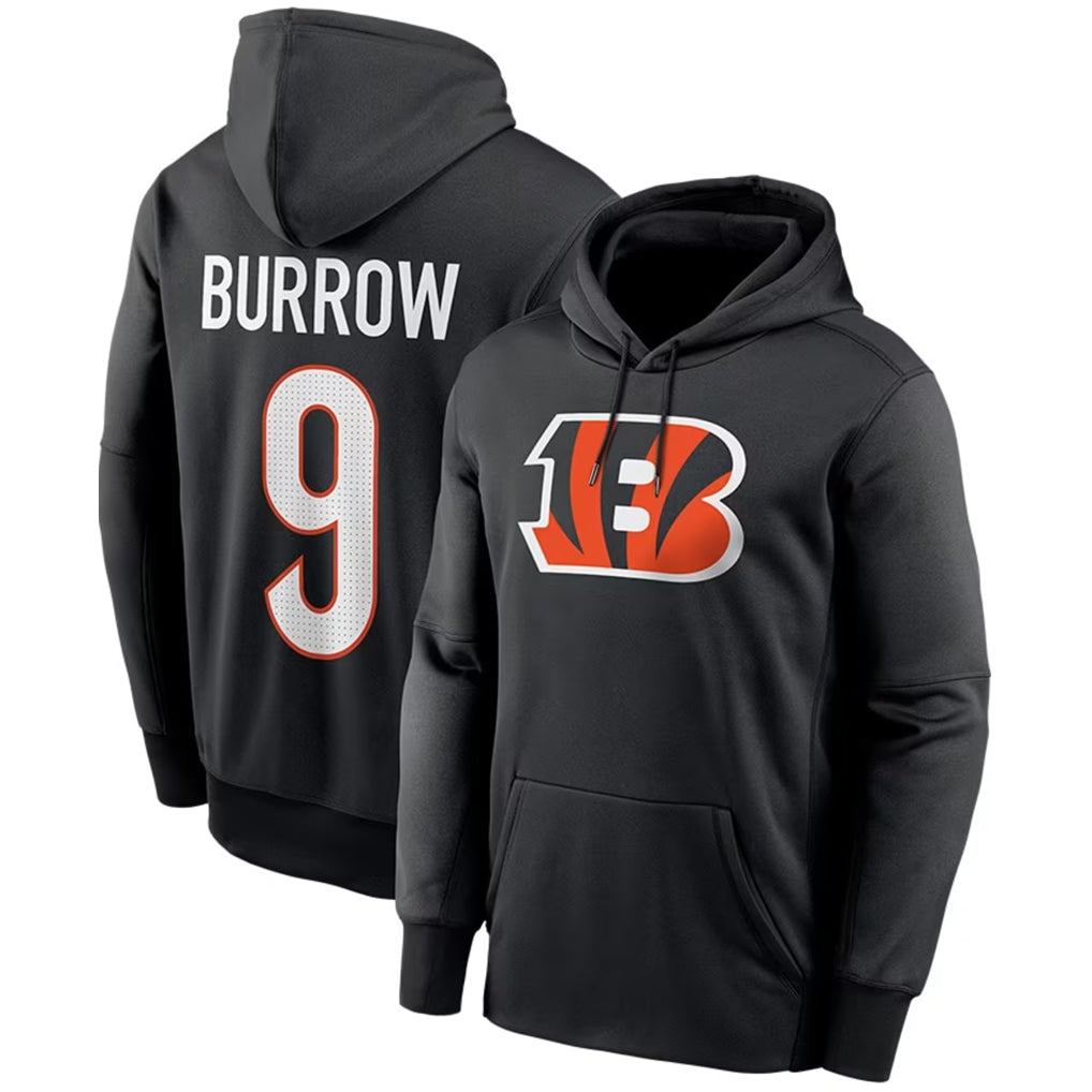 Rebec C.Bengals #9 Joe Burrow Player Black Salute to Service Pullover Hoodies Game Stitched Jerseys