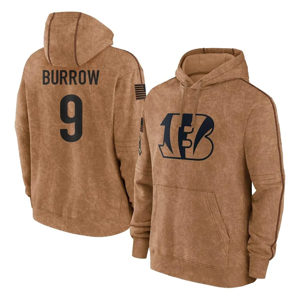 Rebec C.Bengals #9 Joe Burrow Player Brown Salute to Service Pullover Hoodie Limited Stitched Jerseys
