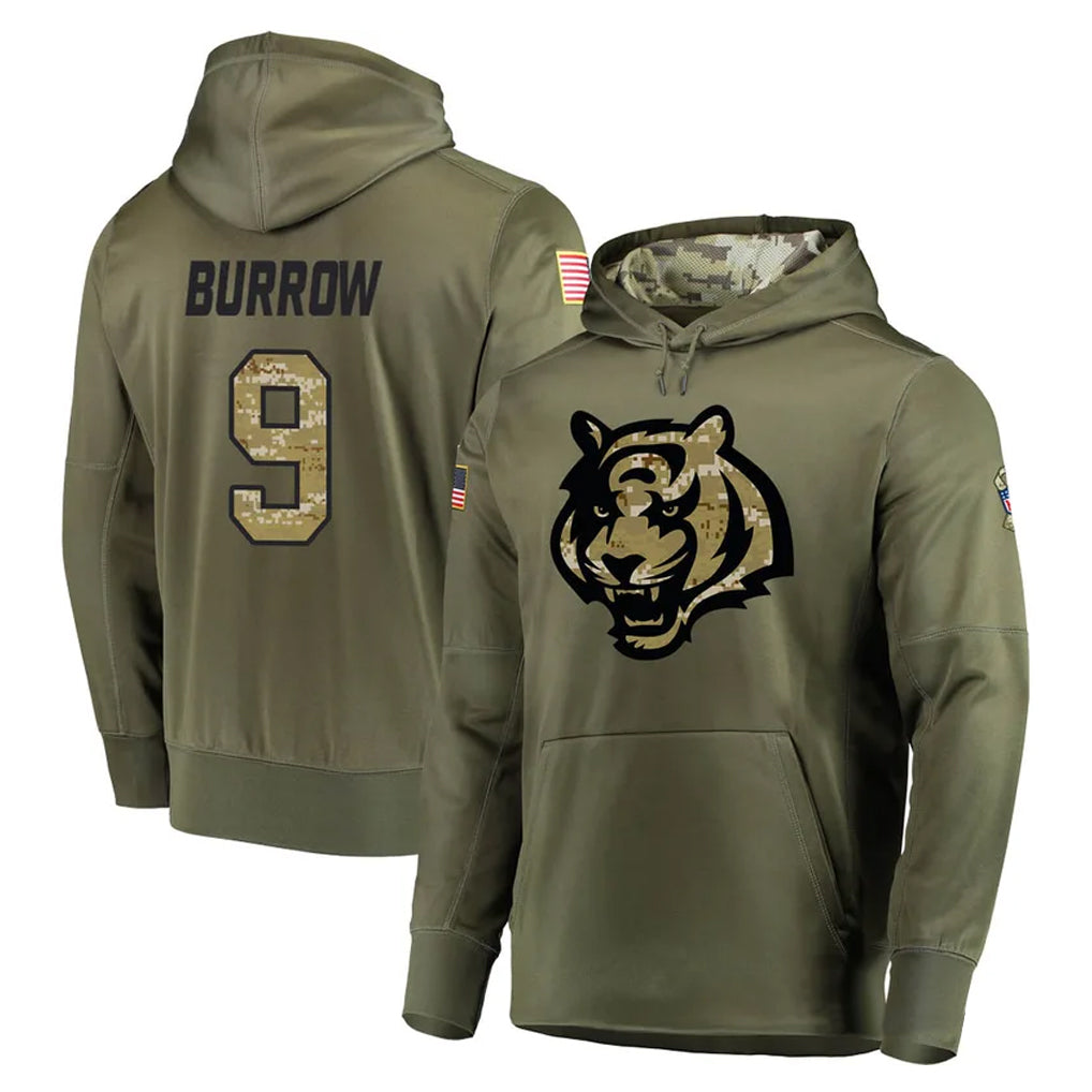 Rebec C.Bengals #9 Joe Burrow Player Olive Salute to Service Pullover Hoodies Home Game Stitched Jerseys