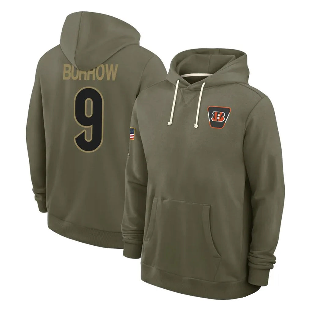 Rebec C.Bengals #9 Joe Burrow Player Olive Salute to Service Pullover Hoodies Limited Stitched Jerseys