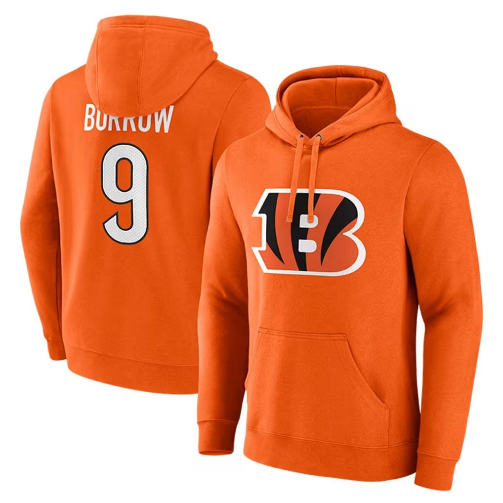 Rebec C.Bengals #9 Joe Burrow Player Orange Salute to Service Pullover Hoodie Limited Stitched Jerseys